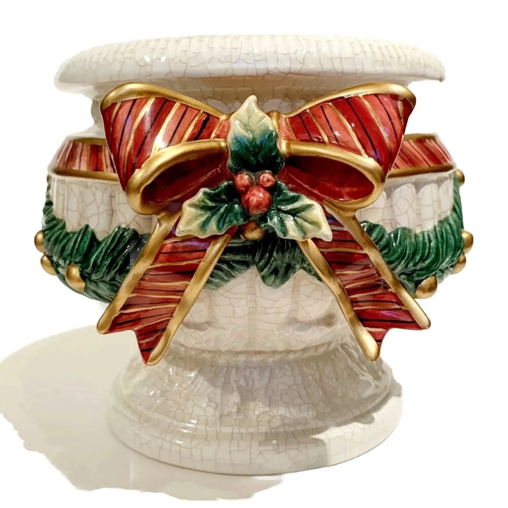 Fitz and Floyd Classics Ceramic Christmas Candle Holder Pot Stand Food Holly Bow